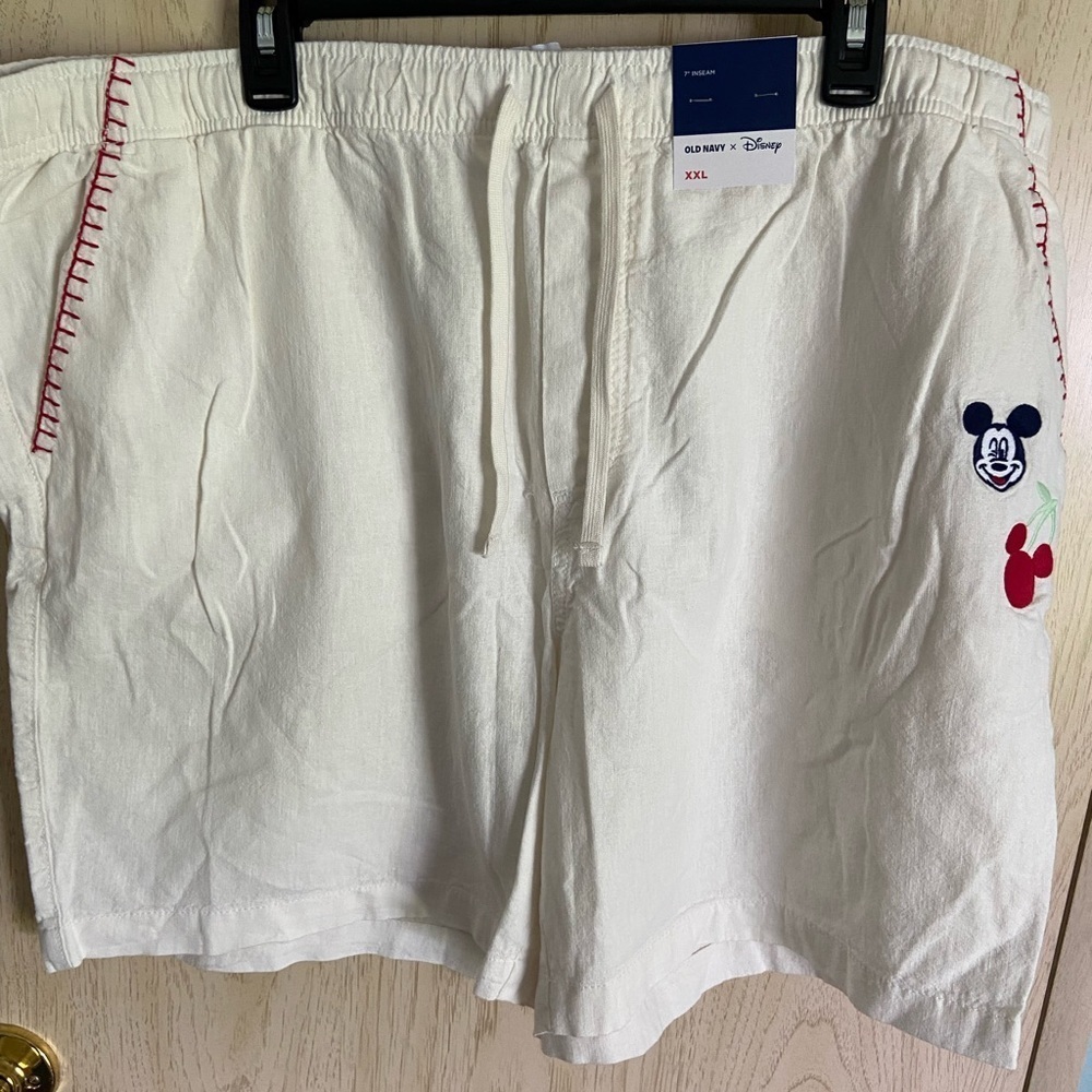 🩷 Old Navy X Disney Linen Blend Cherry Mickey Mouse Embroidered Shorts New XXL